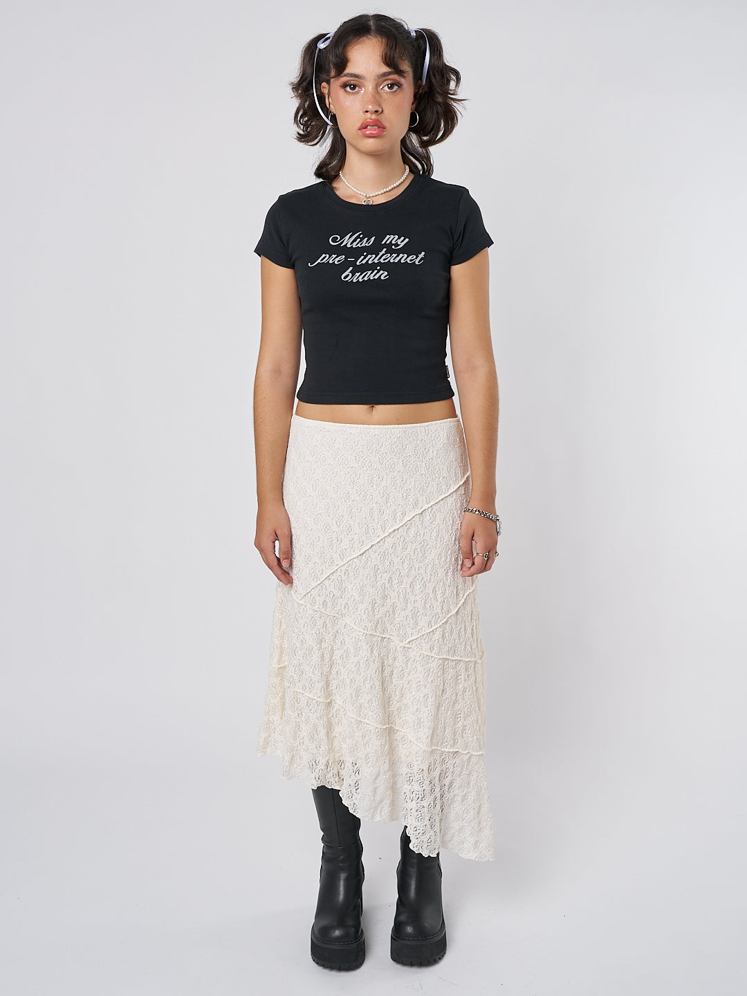 Nolia Cream Lace Asymmetric Midi Skirt - Minga  US