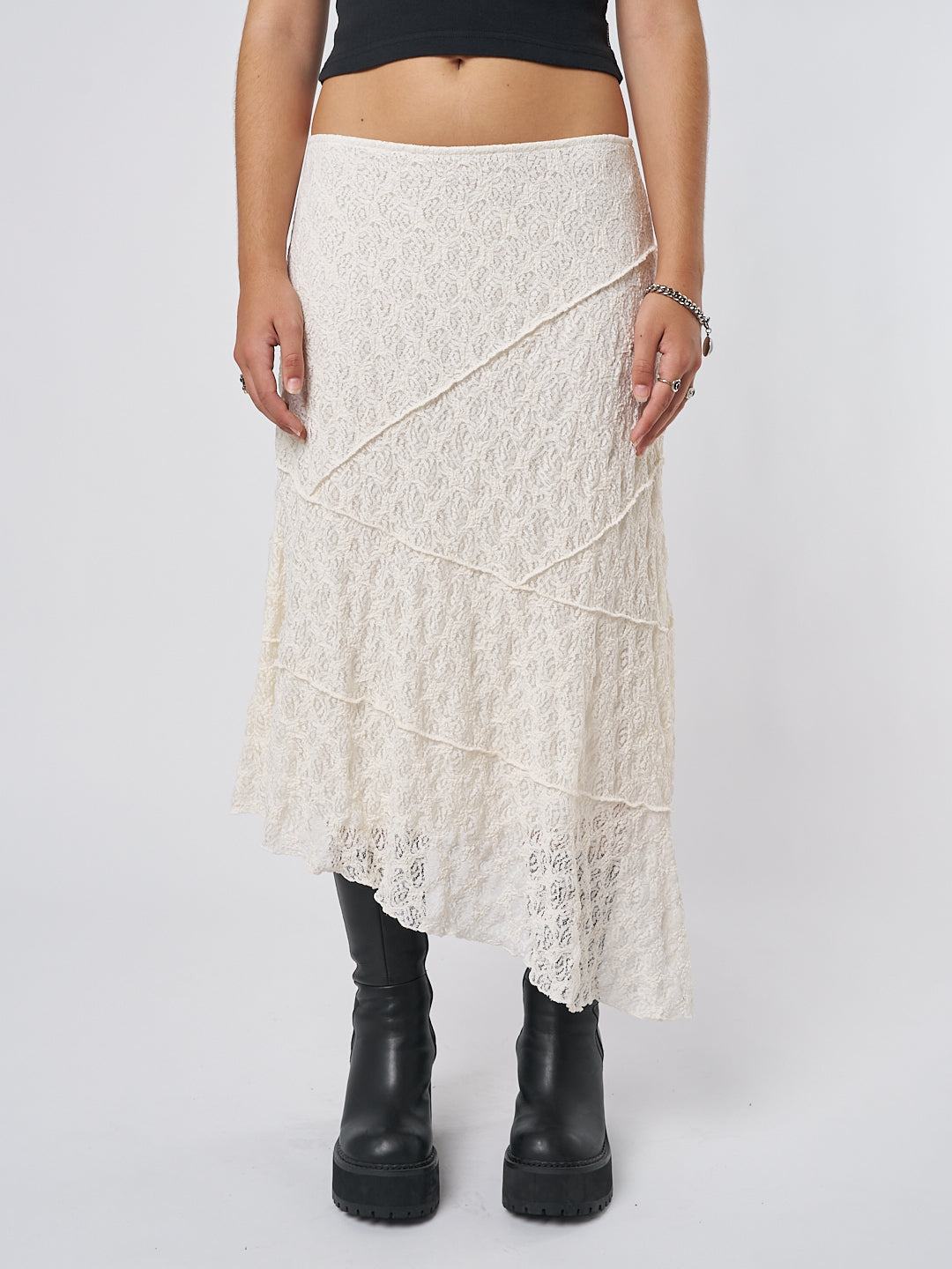 Nolia Cream Lace Asymmetric Midi Skirt - Minga  US