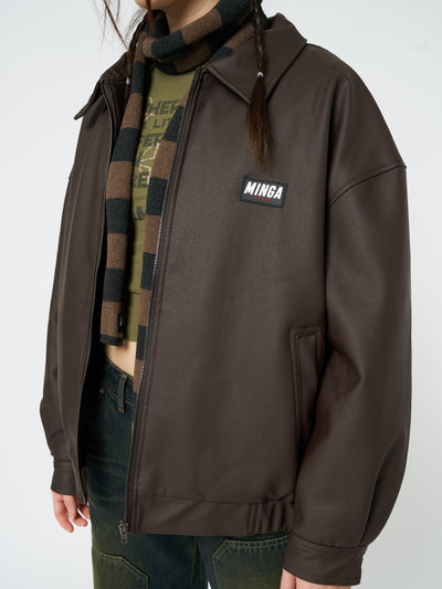 Nora Vegan Leather Bomber Jacket in Brown - Minga  US
