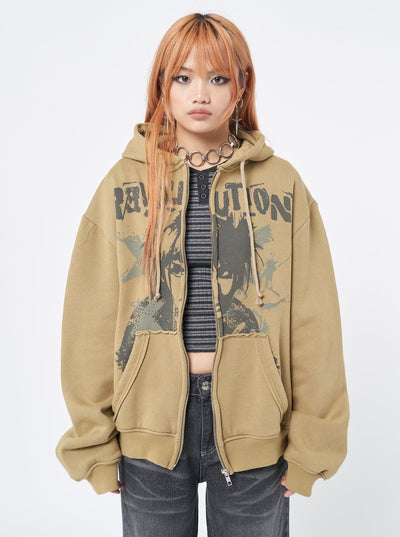 Zip up hoodie jacket in washed honey green with revolution graphic screen front print