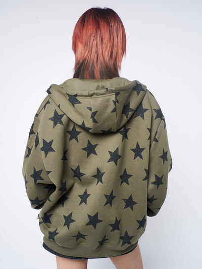 Star Print Green Zip Up Hoodie Jacket - Minga  US