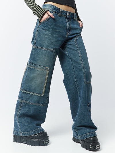Track Blue Multi Pocket Overdye Cargo Jeans - Minga  US