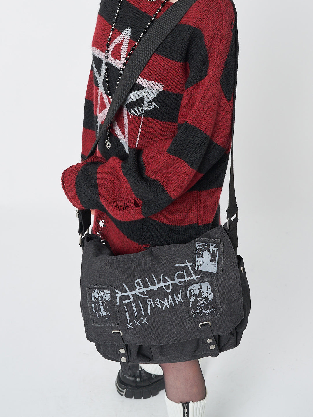 Black Washed Canvas Messenger Bag with Pink Patches and Prints - Grunge