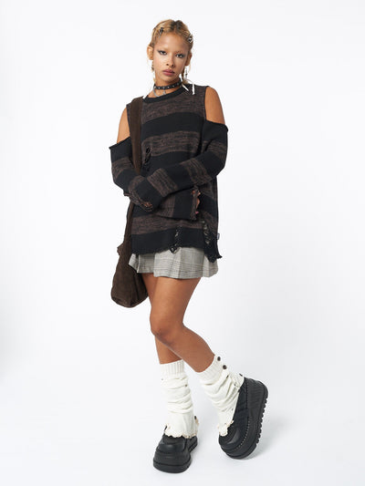 Cut-out shoulders knitted jumper with distressed details and stripes in brown and black
