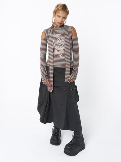 Striped top and scarf in brown and grey with Dont Panic Eyes graphic front print and cut out shoulders