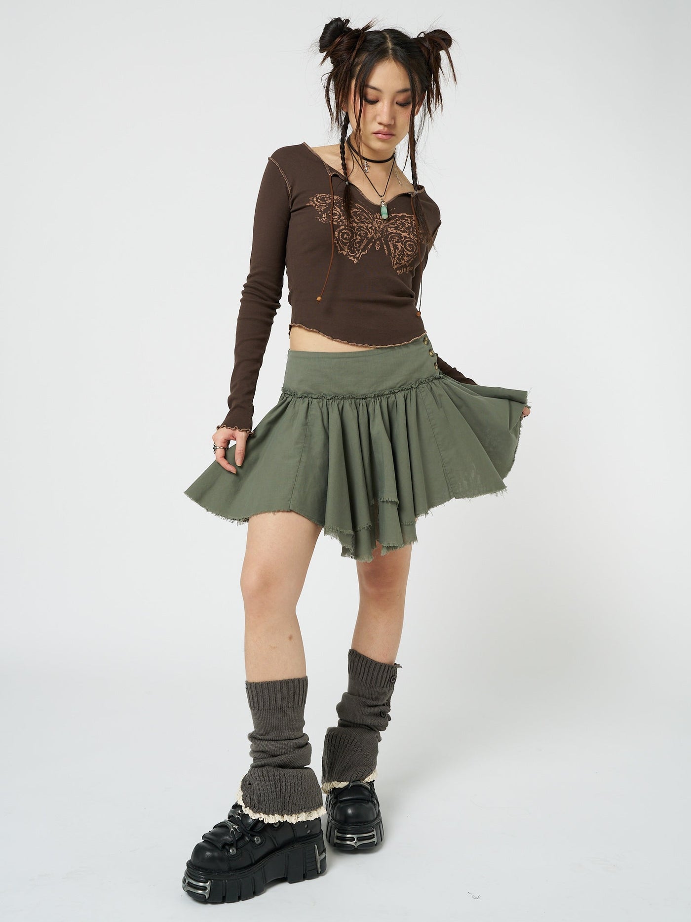 Flora Green Layered Asymmetrical Mini Skirt - Minga  US