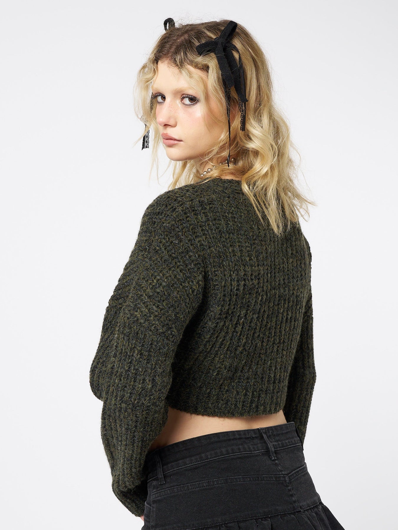 Lace-Up Knitted Cardigan in Marl Green with Cropped Design and Drop ...