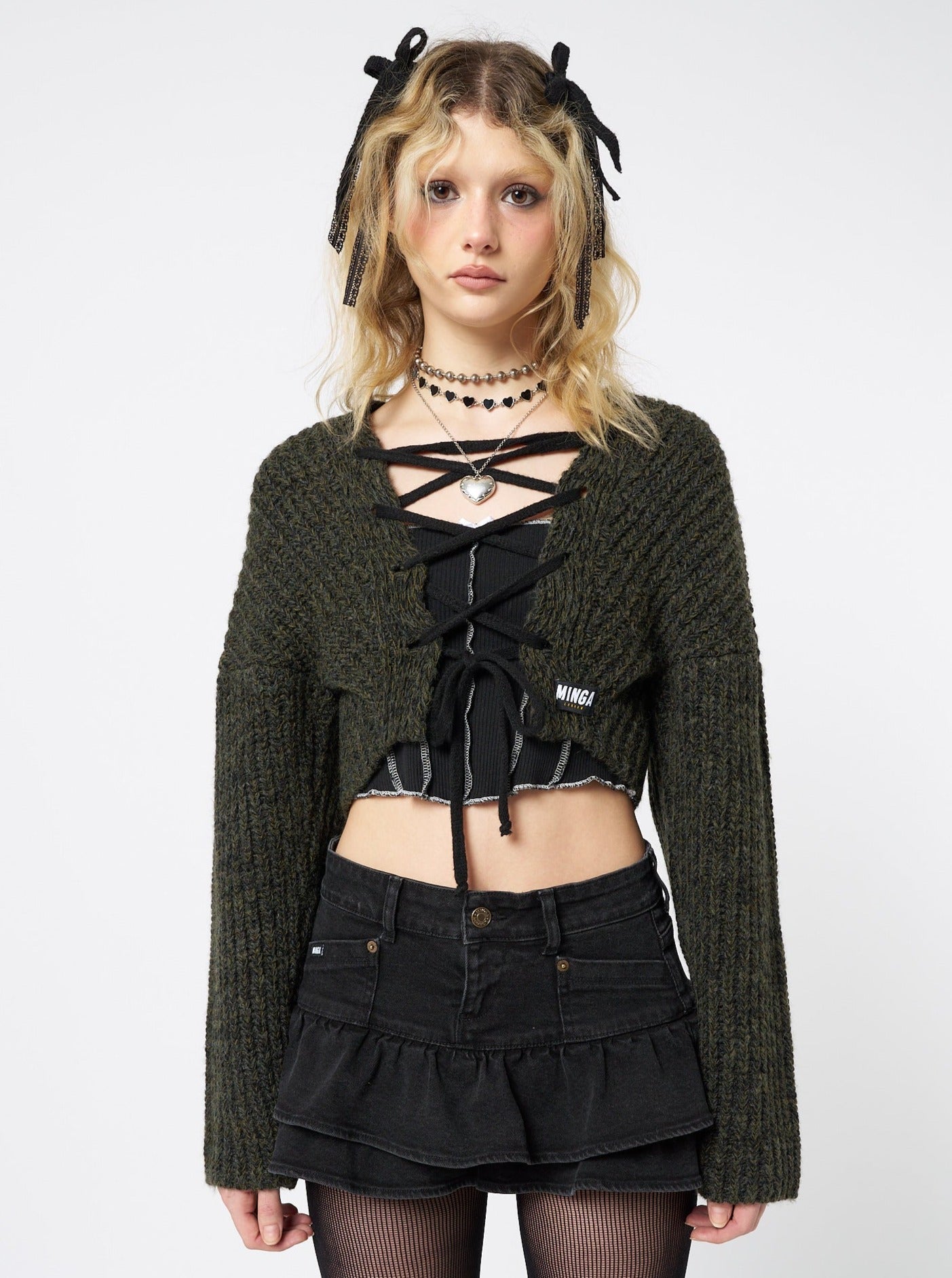 Arabella Green Knitted Lace Up Cardigan