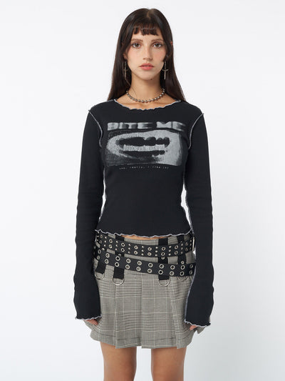 Rib crop top in black with Bite Me graphic screen print and contrast stitching in white