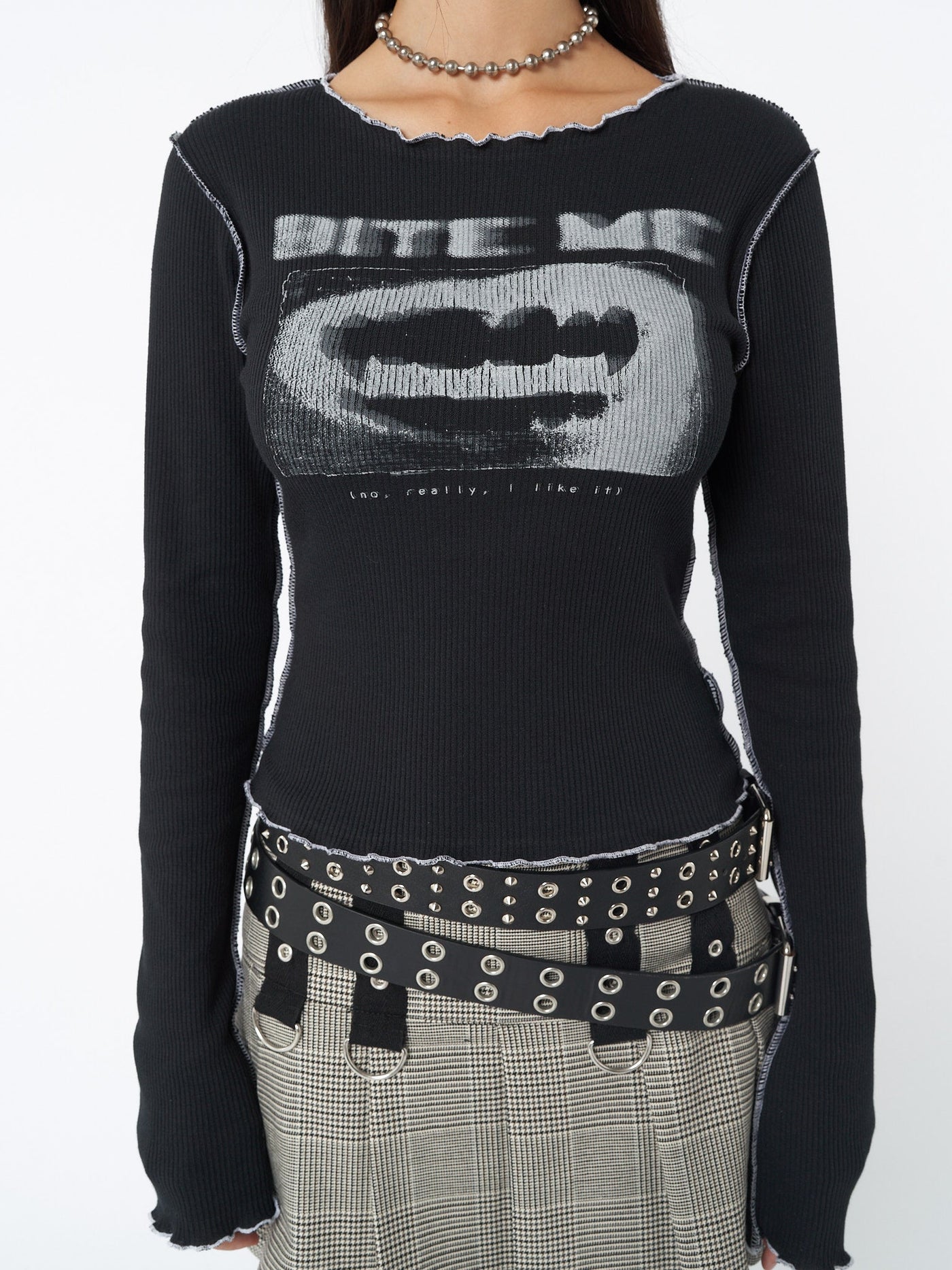 Rib crop top in black with Bite Me graphic screen print and contrast stitching in white