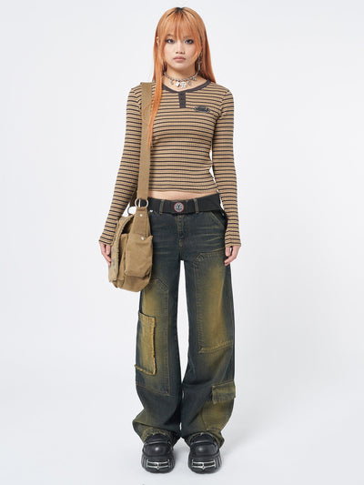 Long sleeve ribbed top with half button placket and al over stripes in brown and honey 