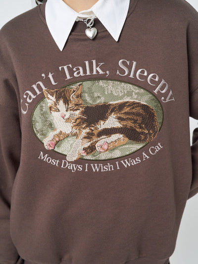 Can’t Talk Cat Embroidered Sweatshirt - Minga  US