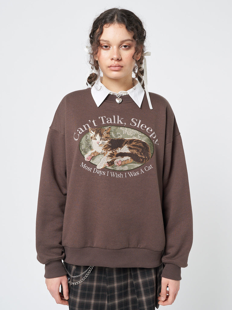 Can't Talk Cat Embroidered Brown Sweatshirt | Minga London
