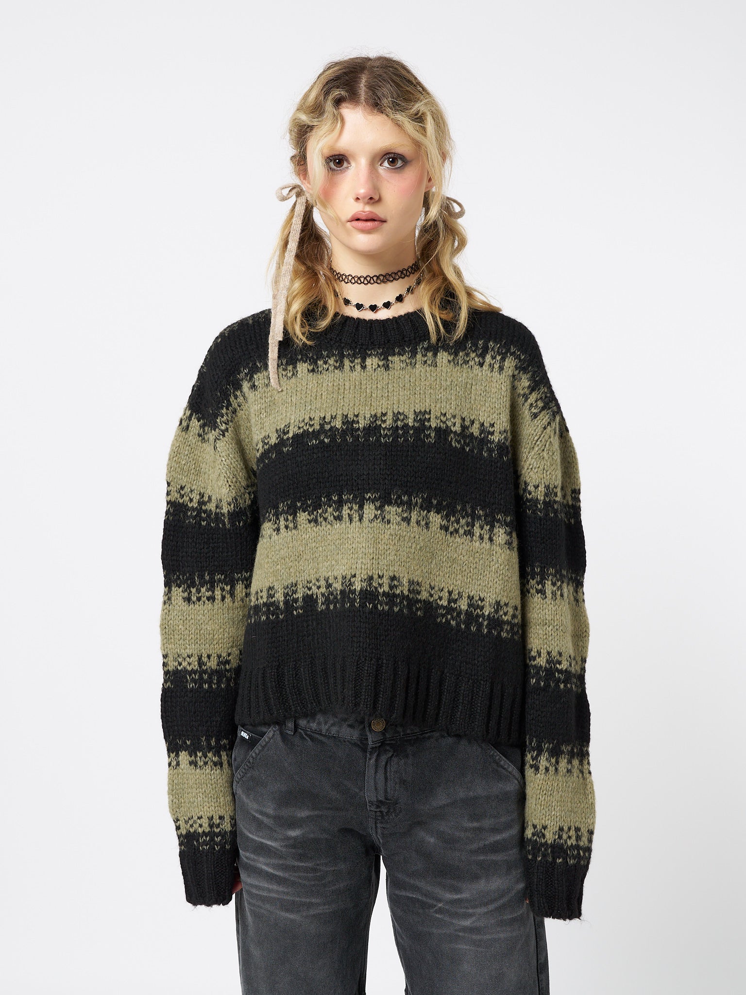 Clara Green Cropped Striped Knit Sweater - Minga  US