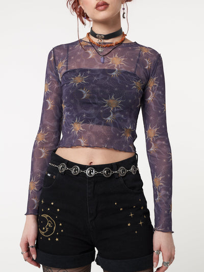 Printed mesh crop top in purple with all over Sun and Moon print