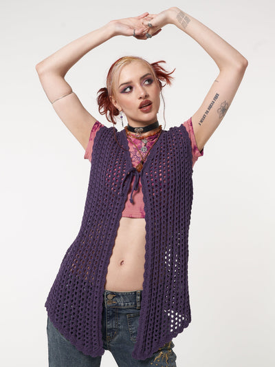 Tie front vest cardigan in purple featuring crochet style knit pattern