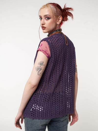 Tie front vest cardigan in purple featuring crochet style knit pattern