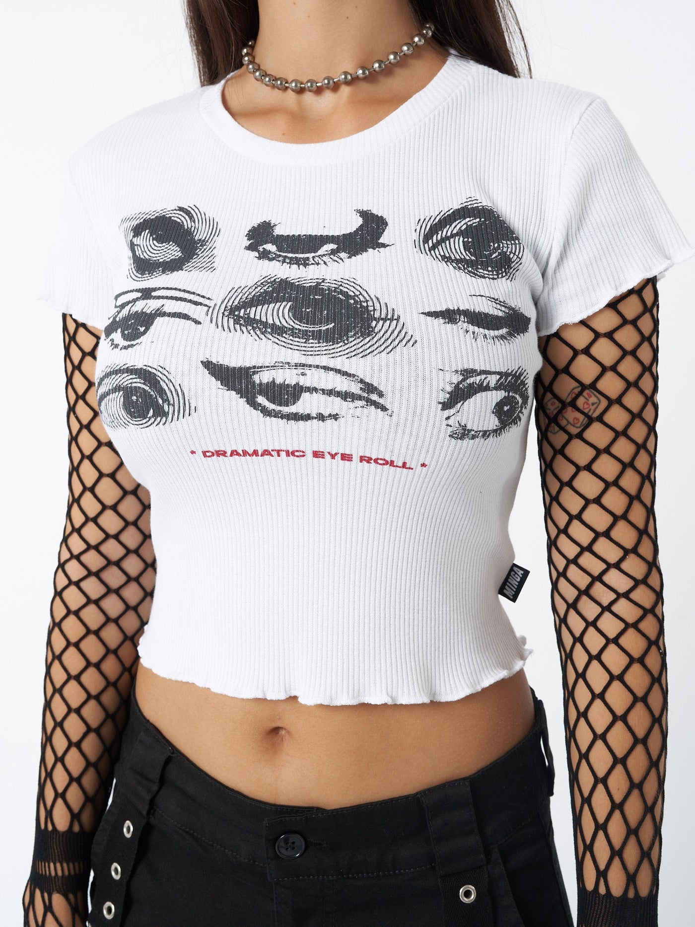 Rib baby tee in white with Dramatic Eye Roll graphic screen print