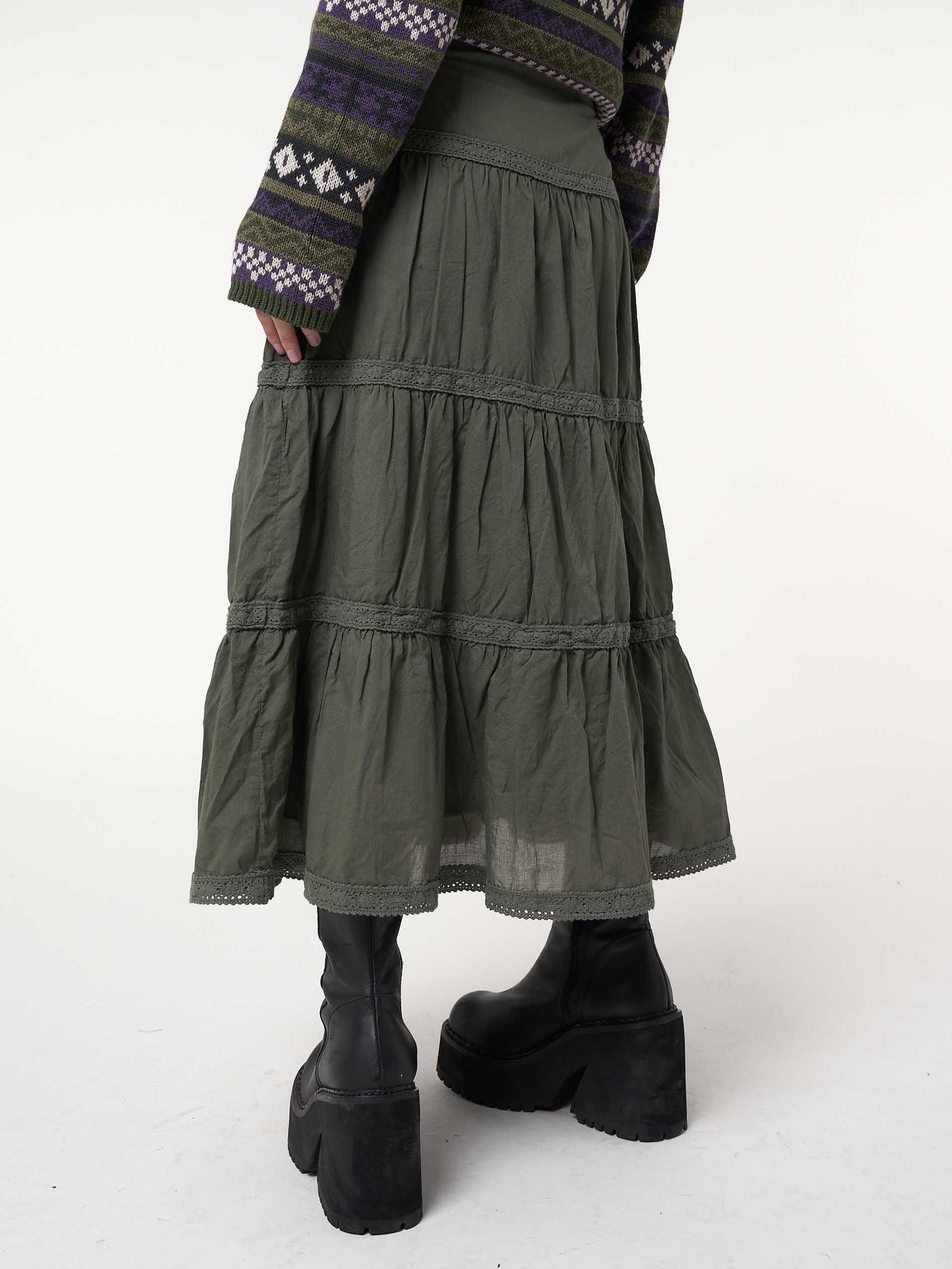 Foggy Green Ruffle Lace Maxi Skirt | Minga London US