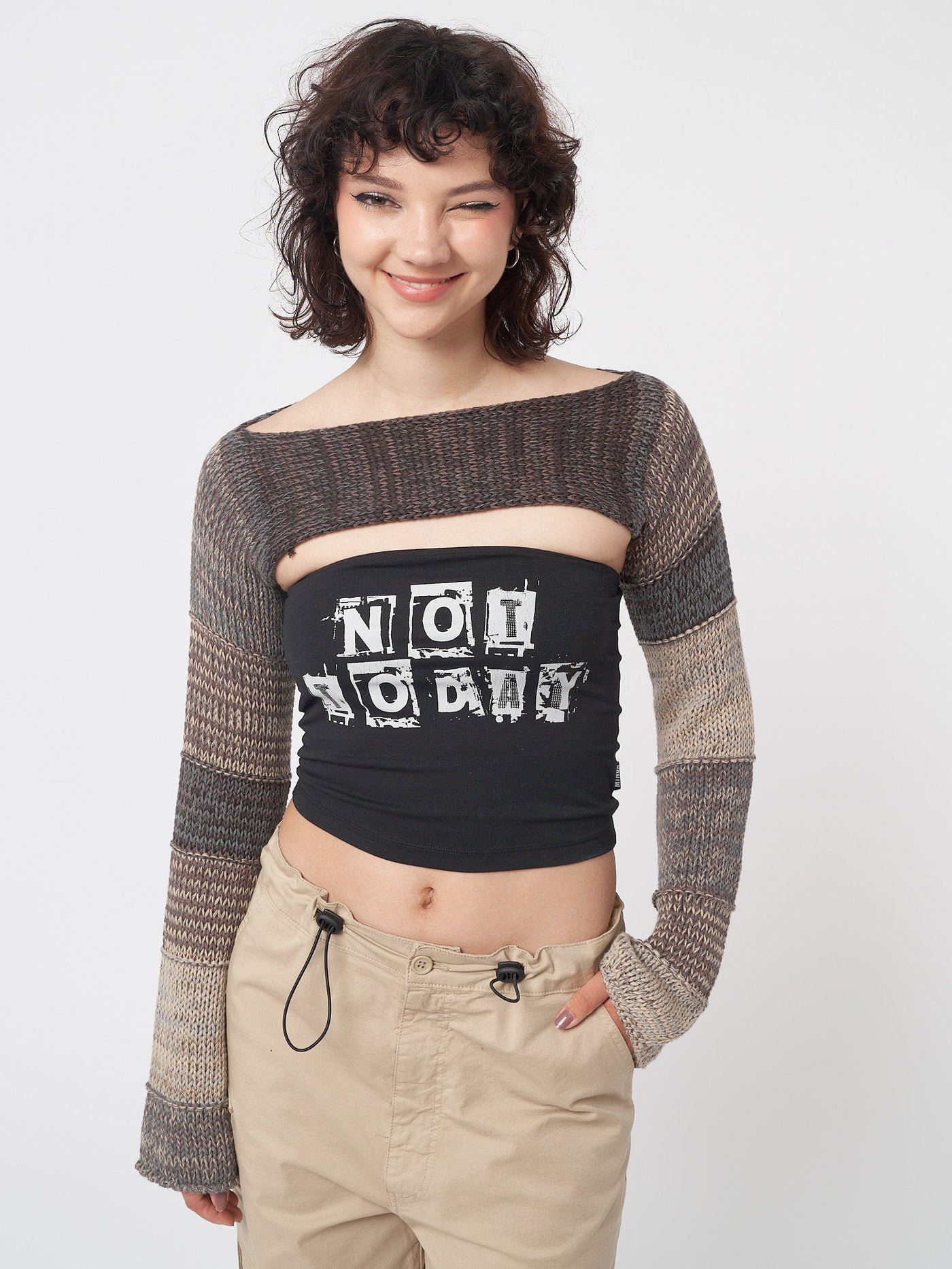 Fusion Brown Patchwork Knitted Shrug Top - Minga  US