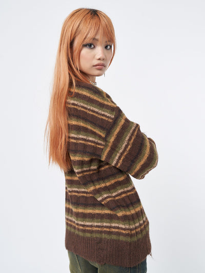 Chunky striped knit jumper with brown, green and honey stripes