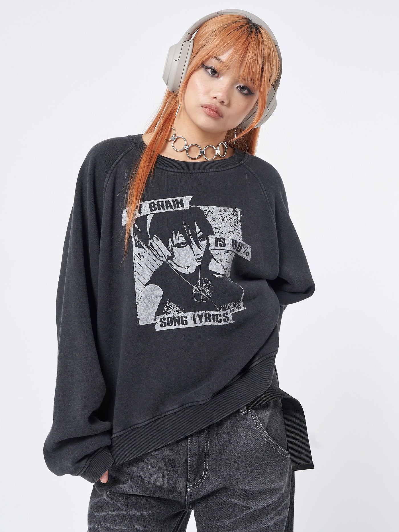 Oversized sweatshirt in washed black  with front graphic print