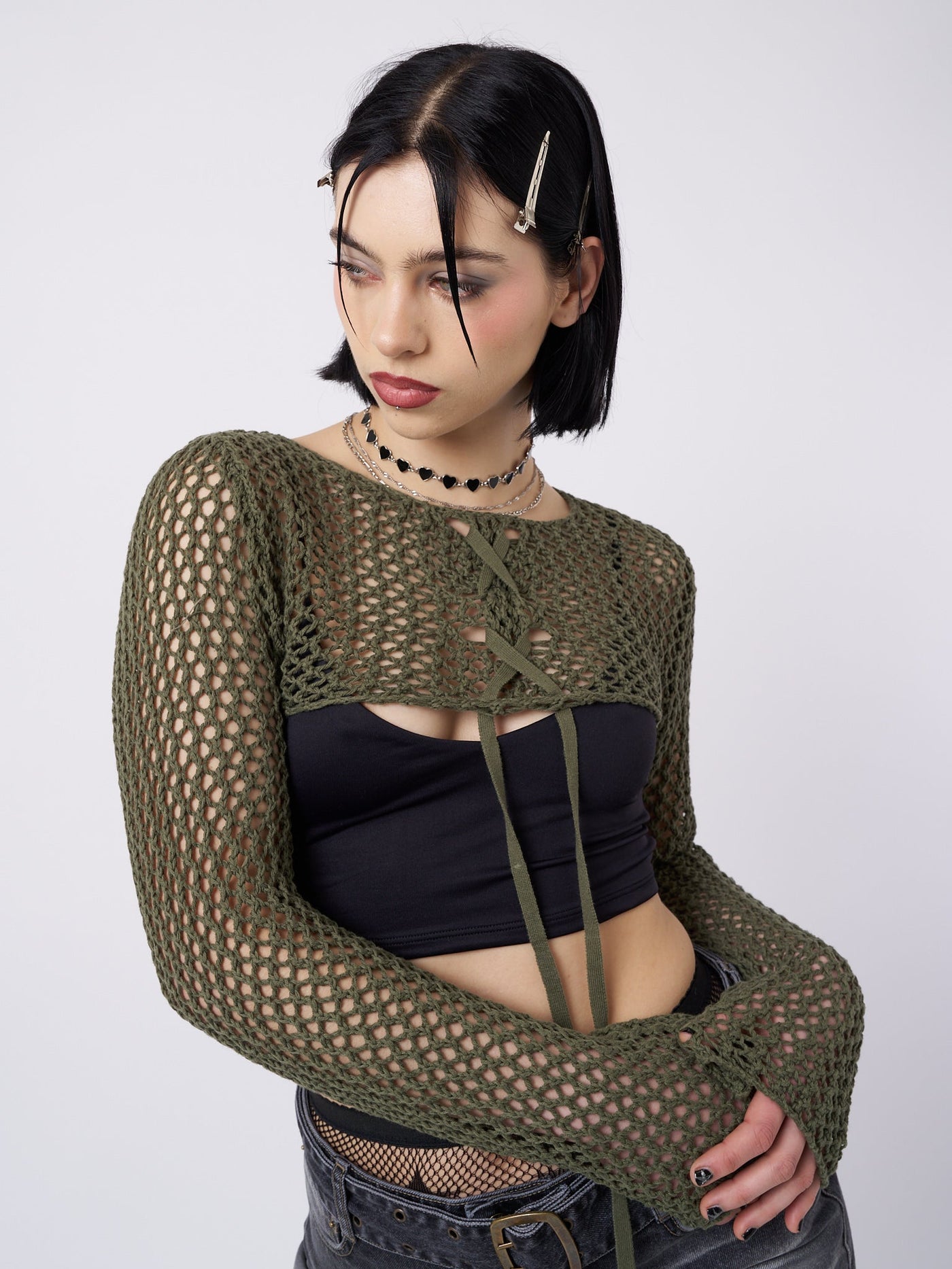 Ramona Green Lace Up Knitted Shrug