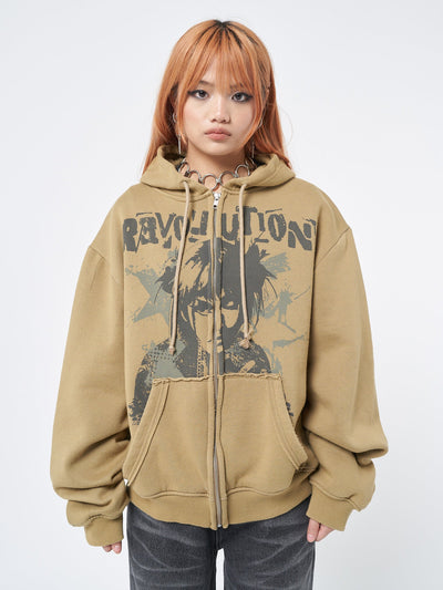 Zip up hoodie jacket in washed honey green with revolution graphic screen front print