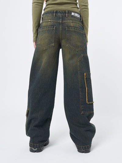 Multi pocket cargo jeans in honey green overdye wash