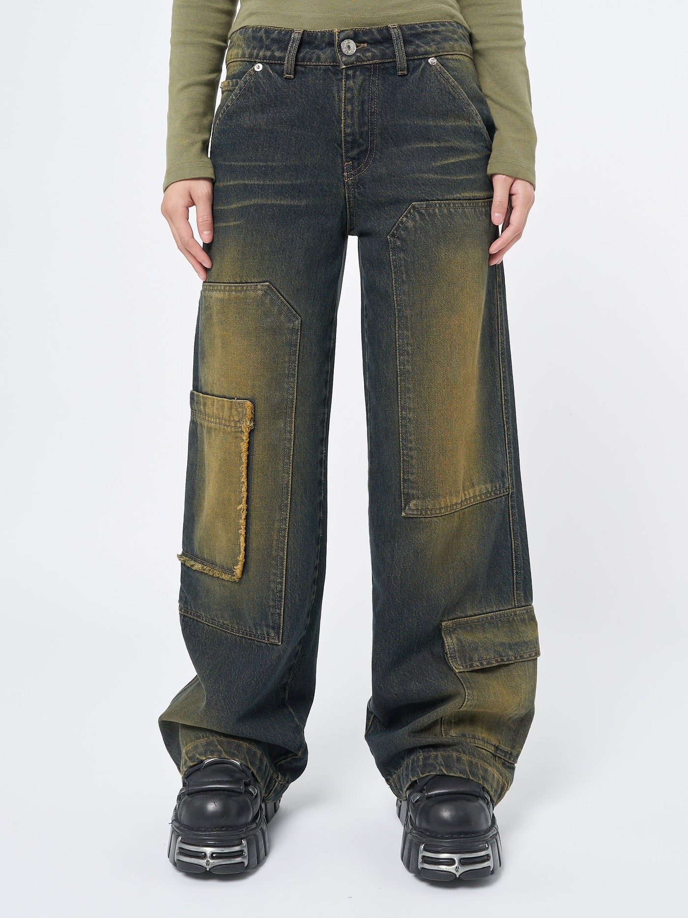 Multi pocket cargo jeans in honey green overdye wash