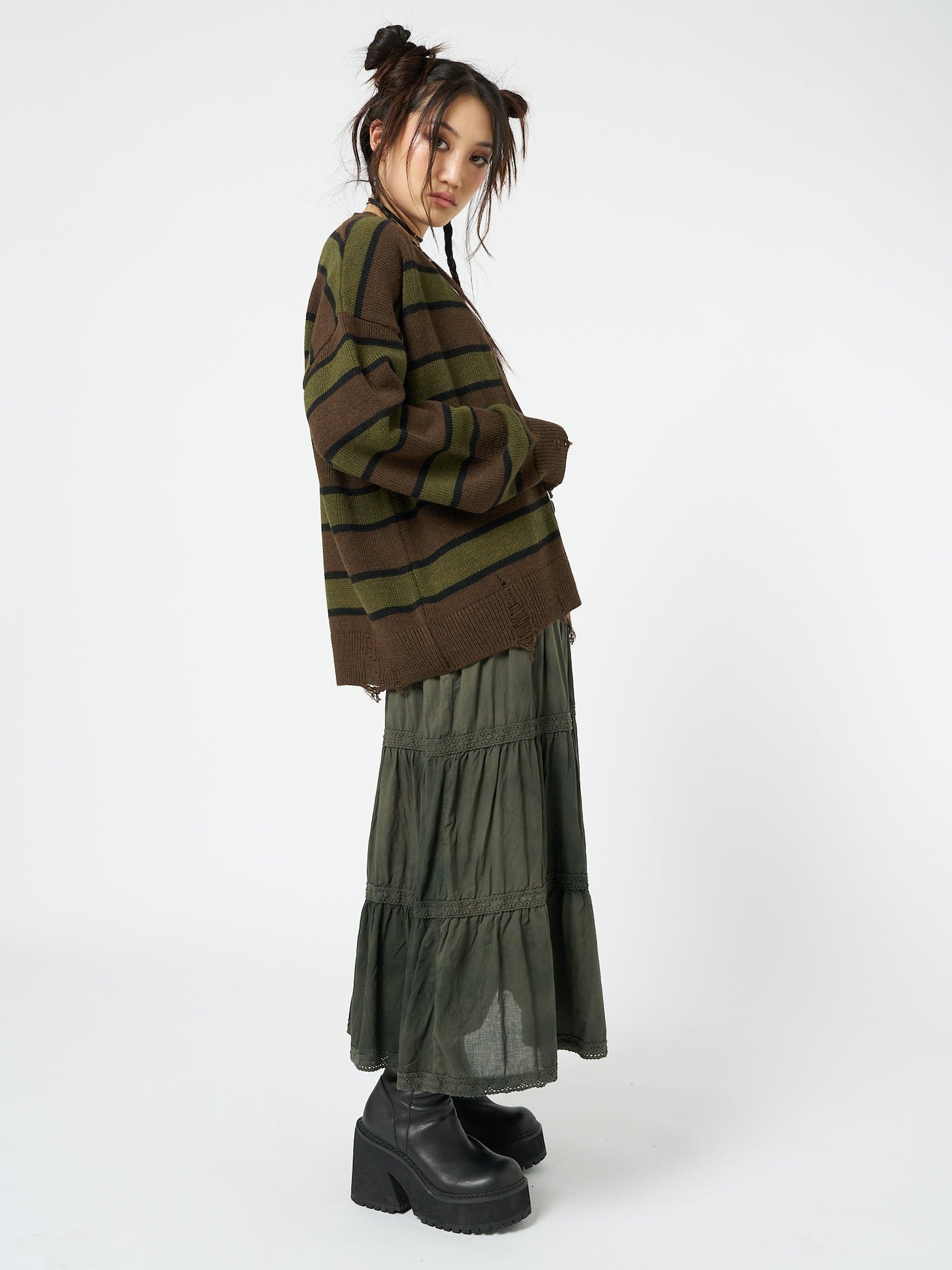 Neesa Brown & Green Stripe Knit Cardigan