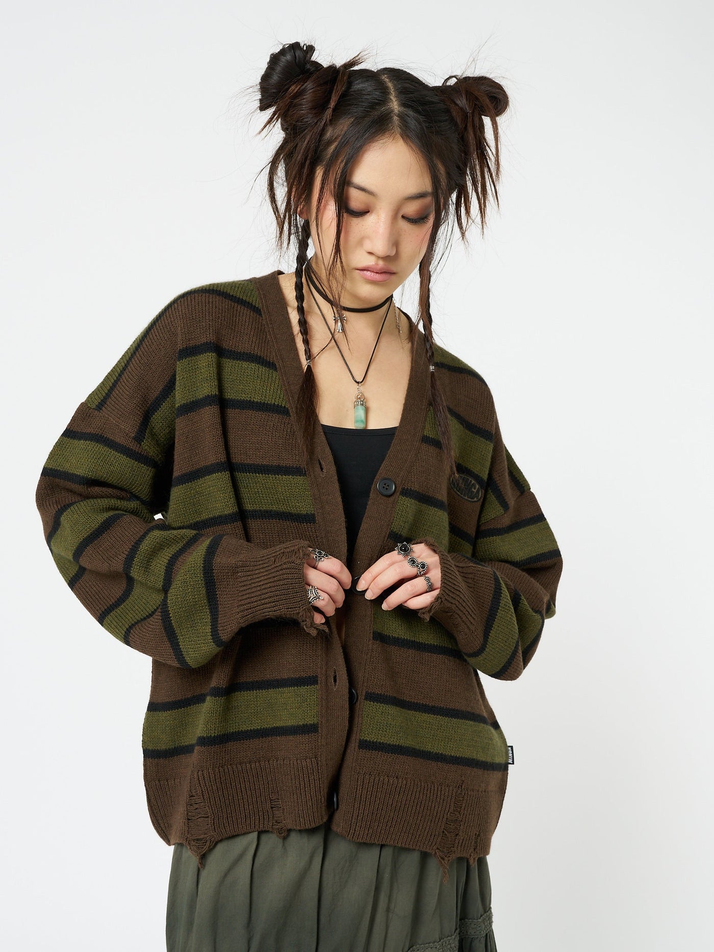Neesa Brown & Green Stripe Knit Cardigan - Minga  US