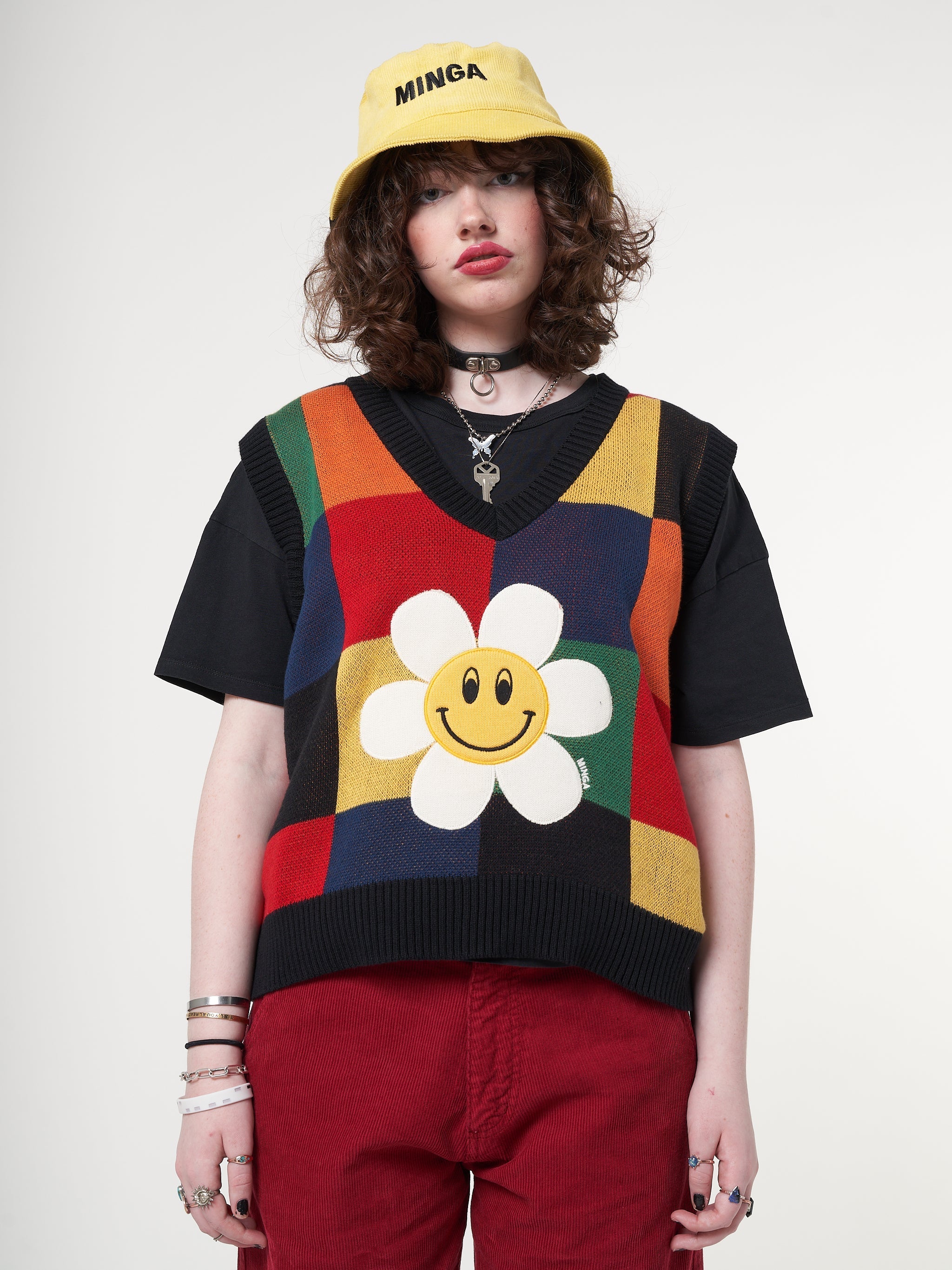 Minga x Strangervinyl Happy Flower Rainbow Check Vest