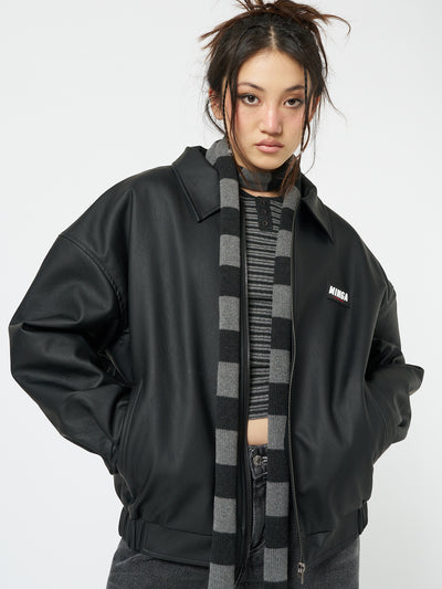Olivia Vegan Leather Bomber Jacket in Black