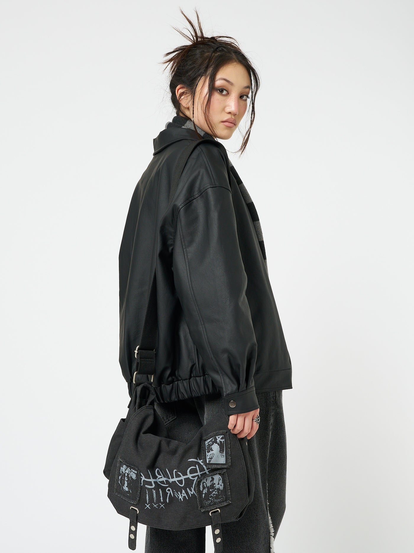 Olivia Vegan Leather Bomber Jacket in Black